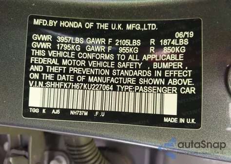 2019 Honda Civic Ex z USA, uszkodzony, nr VIN SHHFK7H67KU227064